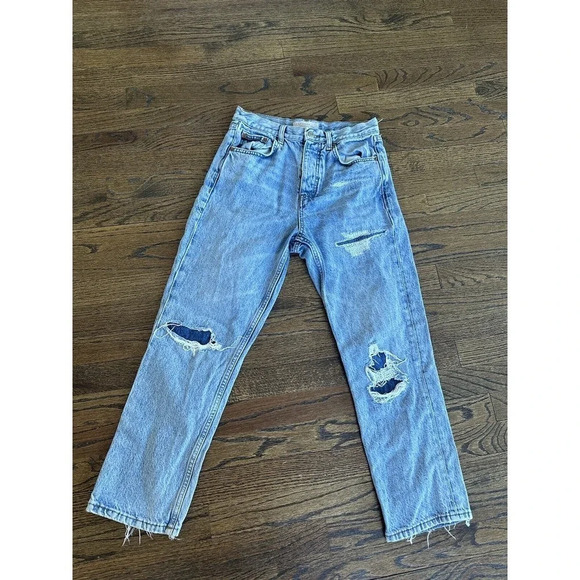 Topshop Women’s Distressed Straight Leg Editor Button Fly Jeans Size 26 L0568 - Picture 1 of 13